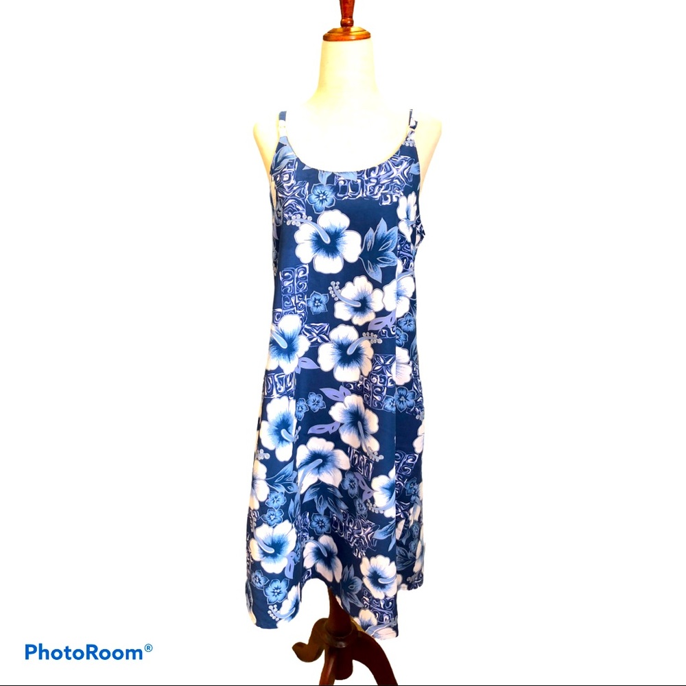 Vintage Hawaiian Hibiscus Slip Dress Blue White Tropical Sundress Resort Wear L